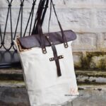 Natural canvas tote bag with dark brown leather flap, handcrafted Rajasthan, BU125