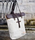 Natural canvas tote bag with dark brown leather flap, handcrafted Rajasthan, BU125