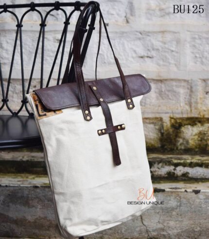 Natural canvas tote bag with dark brown leather flap, handcrafted Rajasthan, BU125