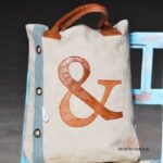 Natural canvas tote bag with leather ampersand appliqué, handcrafted Rajasthan, BU157