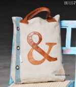Natural canvas tote bag with leather ampersand appliqué, handcrafted Rajasthan, BU157