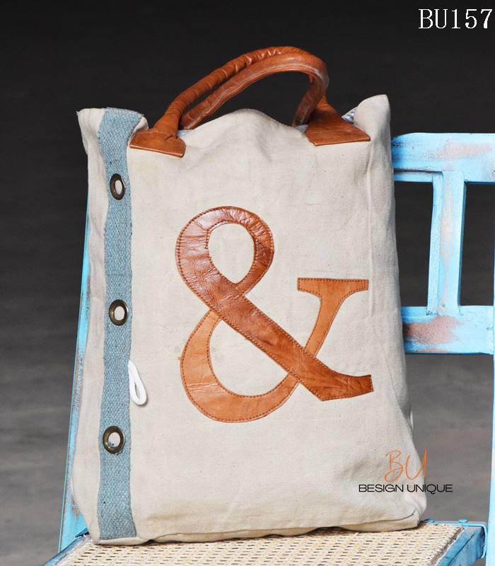 Natural canvas tote bag with leather ampersand appliqué, handcrafted Rajasthan, BU157 (1) Natural canvas tote bag with leather ampersand appliqué, handcrafted Rajasthan, BU157