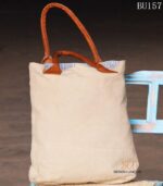 Natural canvas tote bag with leather ampersand appliqué, handcrafted Rajasthan, BU157