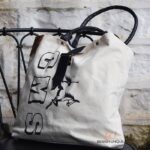 Natural canvas tote bag with leather handles and graphic print, handcrafted Rajasthan, BU118