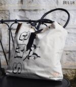 Natural canvas tote bag with leather handles and graphic print, handcrafted Rajasthan, BU118