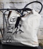 Natural canvas tote bag with leather handles and graphic print, handcrafted Rajasthan, BU118
