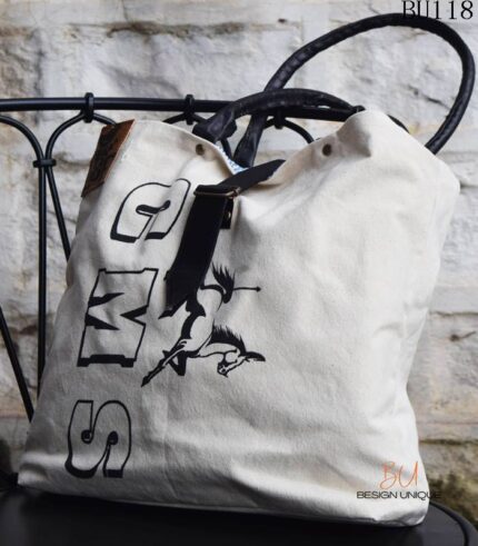 Natural canvas tote bag with leather handles and graphic print, handcrafted Rajasthan, BU118