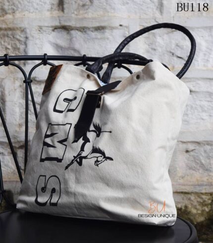 Natural canvas tote bag with leather handles and graphic print, handcrafted Rajasthan, BU118
