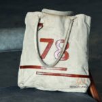 Natural canvas tote bag with leather numeral appliqué, handcrafted Rajasthan, BU172
