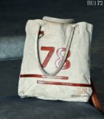 Natural canvas tote bag with leather numeral appliqué, handcrafted Rajasthan, BU172