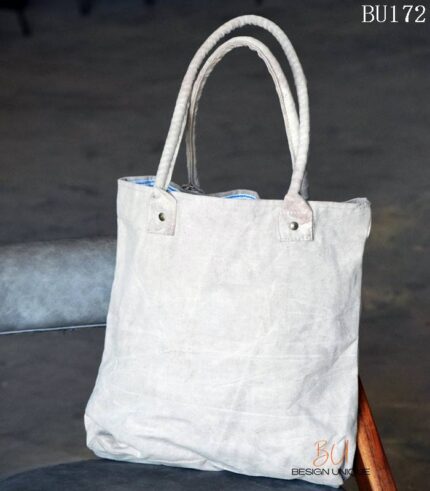 Natural canvas tote bag with leather numeral appliqué, handcrafted Rajasthan, BU172