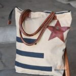 Natural canvas tote bag with navy stripes and leather star appliqué, handcrafted Rajasthan, BU149