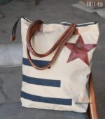 Natural canvas tote bag with navy stripes and leather star appliqué, handcrafted Rajasthan, BU149