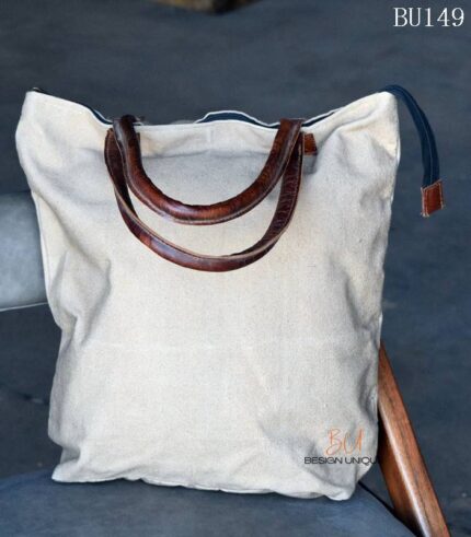 Natural canvas tote bag with navy stripes and leather star appliqué, handcrafted Rajasthan, BU149