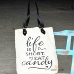 Natural canvas tote bag with printed slogan and leather handles, handcrafted Rajasthan, BU154