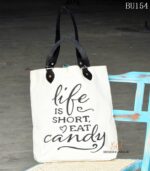 Natural canvas tote bag with printed slogan and leather handles, handcrafted Rajasthan, BU154