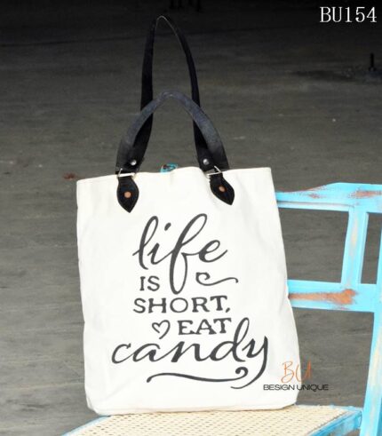Natural canvas tote bag with printed slogan and leather handles, handcrafted Rajasthan, BU154