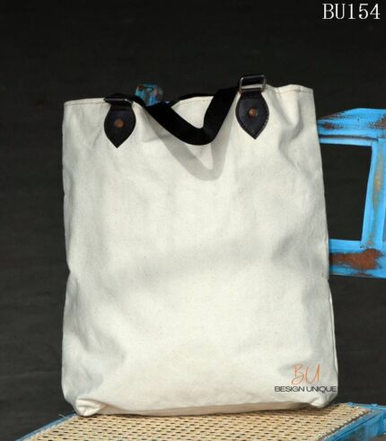 Natural canvas tote bag with printed slogan and leather handles, handcrafted Rajasthan, BU154