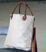 Natural canvas tote bag with vintage text print and leather handles, handcrafted Rajasthan, BU136