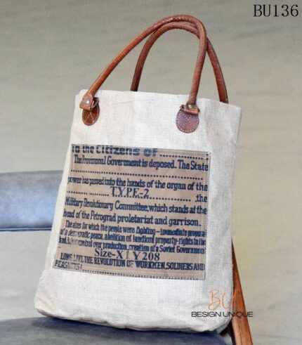 Natural canvas tote bag with vintage text print and leather handles, handcrafted Rajasthan, BU136