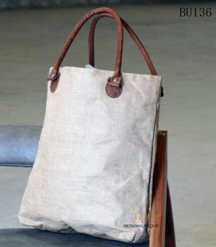 Natural canvas tote bag with vintage text print and leather handles, handcrafted Rajasthan, BU136