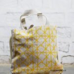 Natural canvas tote bag with yellow geometric print, handcrafted Rajasthan, BUB202