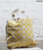 Natural canvas tote bag with yellow geometric print, handcrafted Rajasthan, BUB202