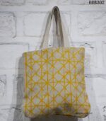 Natural canvas tote bag with yellow geometric print, handcrafted Rajasthan, BUB202