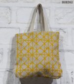 Natural canvas tote bag with yellow geometric print, handcrafted Rajasthan, BUB202