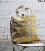 Natural canvas tote bag with yellow geometric print, handcrafted Rajasthan, BUB202