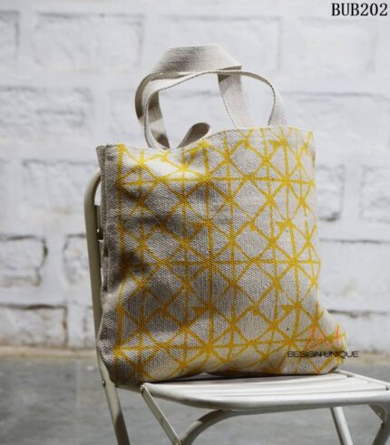 Natural canvas tote bag with yellow geometric print, handcrafted Rajasthan, BUB202