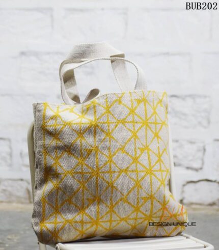 Natural canvas tote bag with yellow geometric print, handcrafted Rajasthan, BUB202