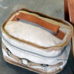 Natural canvas vanity pouch bag with leather handle, raw-edge finish, handcrafted Rajasthan, BU142