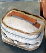 Natural canvas vanity pouch bag with leather handle, raw-edge finish, handcrafted Rajasthan, BU142