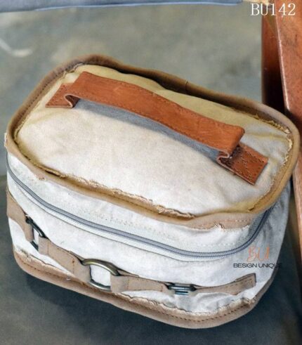 Natural canvas vanity pouch bag with leather handle, raw-edge finish, handcrafted Rajasthan, BU142