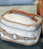 Natural canvas vanity pouch bag with leather handle, raw-edge finish, handcrafted Rajasthan, BU142