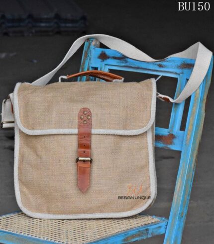 Natural jute crossbody sling bag with leather buckle closure, handcrafted Rajasthan, BU150
