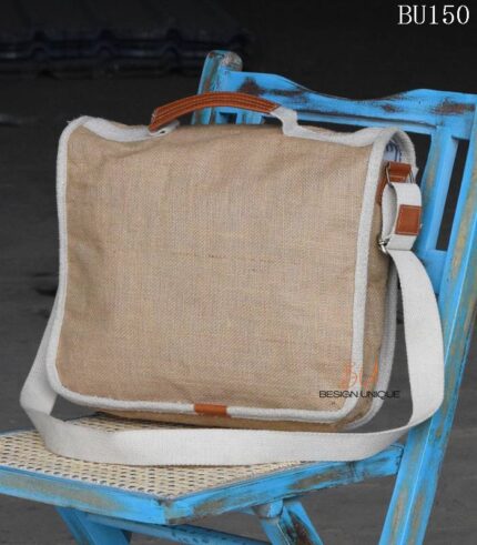 Natural jute crossbody sling bag with leather buckle closure, handcrafted Rajasthan, BU150