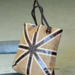 Natural jute tote bag with diagonal leather strip pattern, handcrafted Rajasthan, BU146