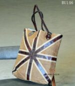 Natural jute tote bag with diagonal leather strip pattern, handcrafted Rajasthan, BU146