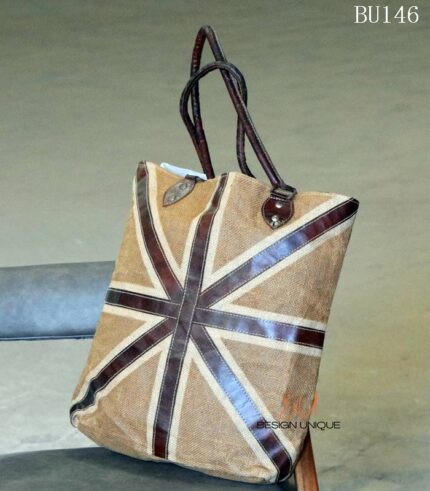 Natural jute tote bag with diagonal leather strip pattern, handcrafted Rajasthan, BU146