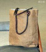 Natural jute tote bag with diagonal leather strip pattern, handcrafted Rajasthan, BU146