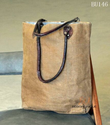 Natural jute tote bag with diagonal leather strip pattern, handcrafted Rajasthan, BU146