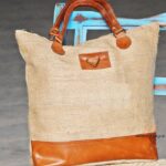 Natural jute tote bag with tan leather base and handles, handcrafted Rajasthan, BU152