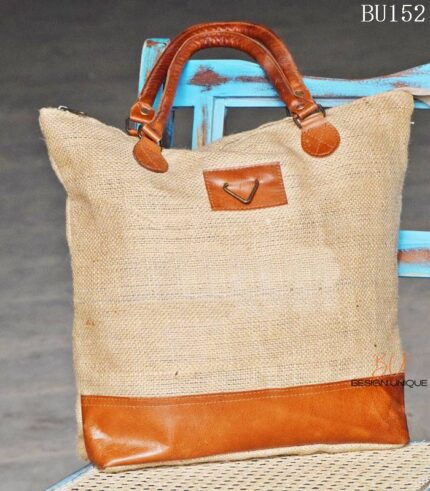 Natural jute tote bag with tan leather base and handles, handcrafted Rajasthan, BU152