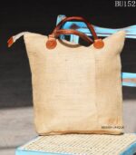 Natural jute tote bag with tan leather base and handles, handcrafted Rajasthan, BU152