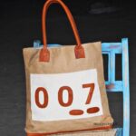 Natural jute tote bag with tan leather handles, handcrafted Rajasthan, BU164