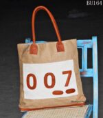 Natural jute tote bag with tan leather handles, handcrafted Rajasthan, BU164