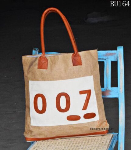 Natural jute tote bag with tan leather handles, handcrafted Rajasthan, BU164