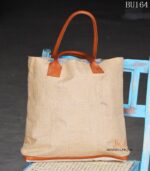 Natural jute tote bag with tan leather handles, handcrafted Rajasthan, BU164